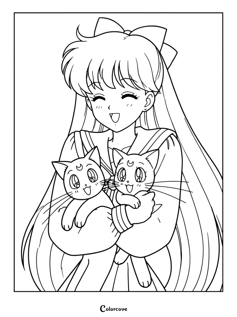 Dibujo para colorear e imprimir de Minako Aino sosteniendo a los gatos mágicos Luna y Artemis de Sailor Moon.