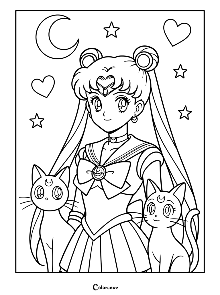 Dibujo para colorear de Usagi Tsukino junto a Luna y Artemis