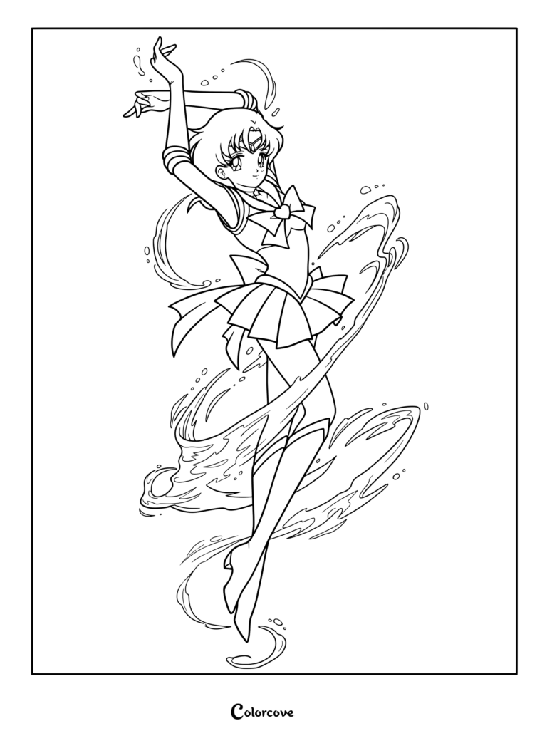 Página para colorear de Sailor Mercury, también conocida como Ami Mizuno, de la serie de anime Sailor Moon.