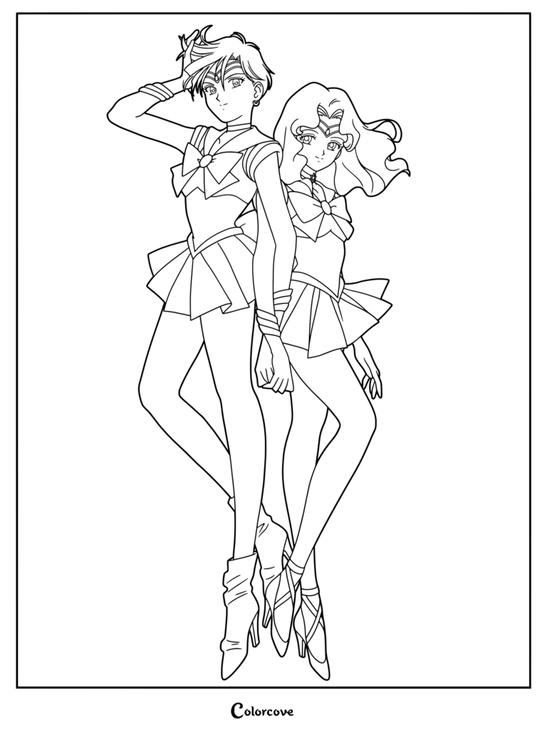 Página para colorear de Sailor Uranus y Sailor Neptune de Sailor Moon.