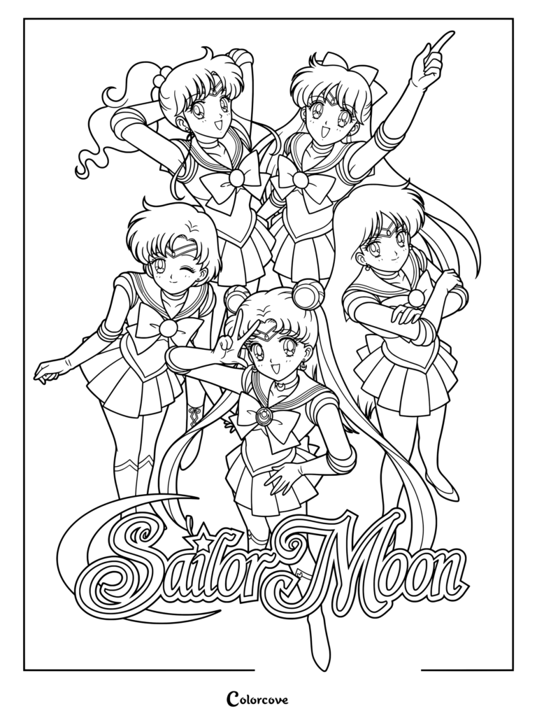 Ilustración promocional del anime clásico de los años 90 de Sailor Moon, que muestra a Sailor Moon junto a su equipo principal de Guerreras Sailor para colorear