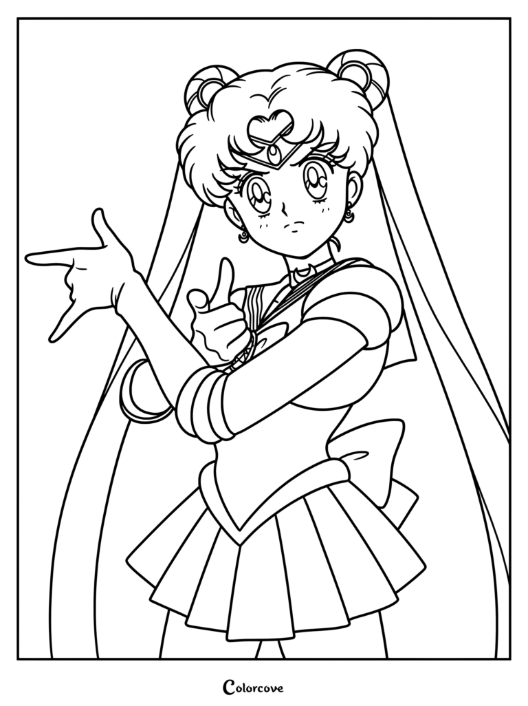 Usagi Tsukino haciendo el gesto de una pistola con los dedos en este dibujo para colorear de Sailor Moon.