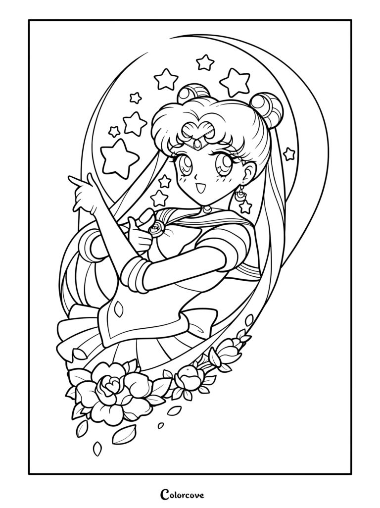 Página para colorear de Sailor Moon con una ilustración enmarcada por una luna creciente y rosas rosas de estilo tatuaje.