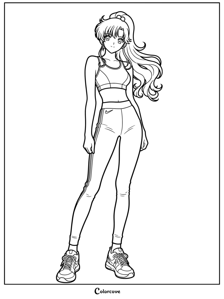 Dibujo para colorear e imprimir de Makoto Kino de Sailor Moon con ropa deportiva verde y blanca.