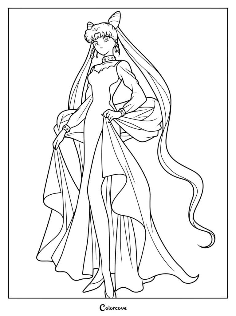 Dibujo para colorear de Black Lady, la versión adulta y malvada de Chibiusa Tsukino de Sailor Moon con un vestido largo.