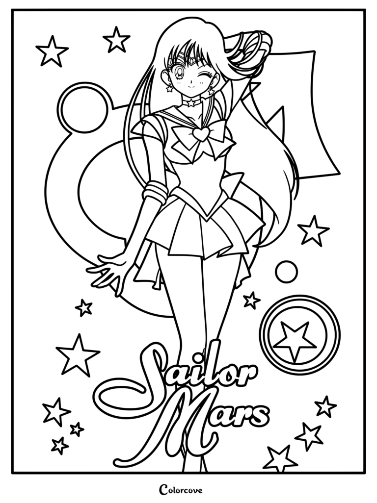 Rei Hino, también conocida como Sailor Mars, del clásico anime de los noventa Sailor Moon en un dibujo para colorear.
