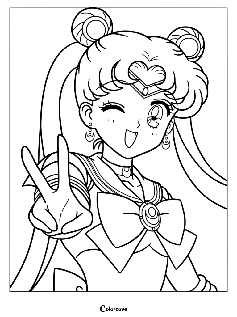 Usagi Tsukino haciendo el símbolo de la paz sobre un fondo azul estrellado en este dibujo para colorear de Sailor Moon.