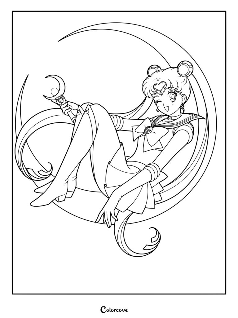 Dibujo para colorear de Sailor Moon para imprimir con Usagi Tsukino posando de forma divertida sobre una luna creciente.