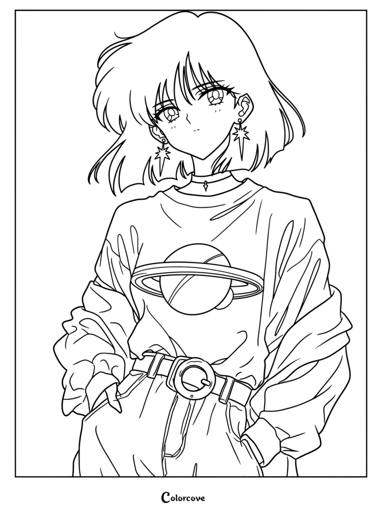 Hotaru Tomoe como Sailor Saturn de Sailor Moon con una camiseta estampada de Saturno estilo anime retro de los 90 para colorear.