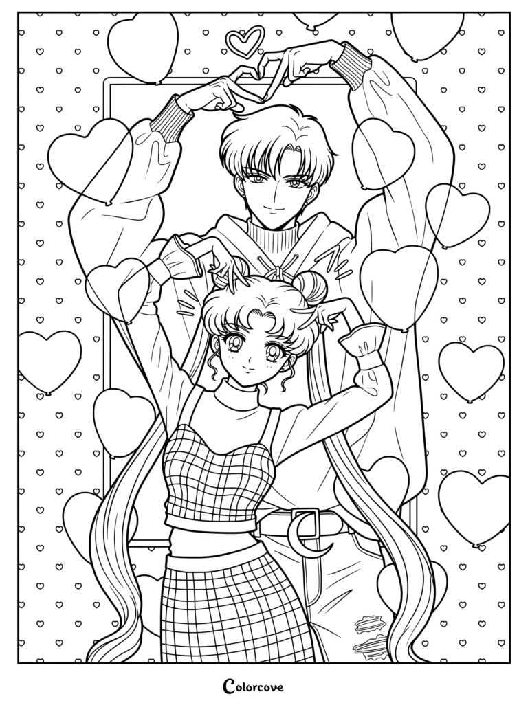 Tuxedo Mask y Sailor Moon haciendo la forma de un corazón con las manos en un dibujo para colorear con globos de corazones.