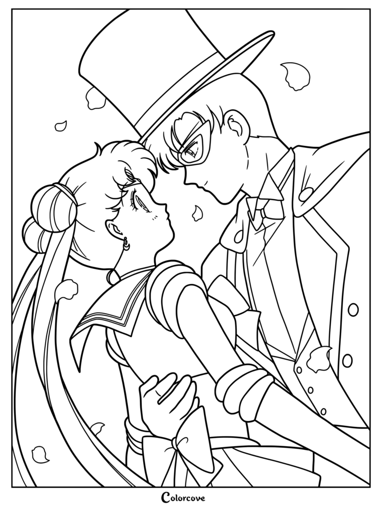 Dibujo para colorear de Tuxedo Mask y Sailor Moon en un abrazo romántico rodeados de pétalos de rosa cayendo.