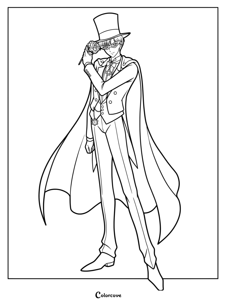Tuxedo Mask sosteniendo una rosa en este dibujo para colorear de Sailor Moon.