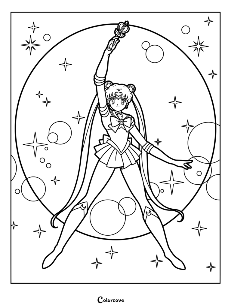 Sailor Moon ejecutando Curación Lunar, ¡Acción! y Tiara Lunar, ¡Acción! en una página detallada para colorear e imprimir.