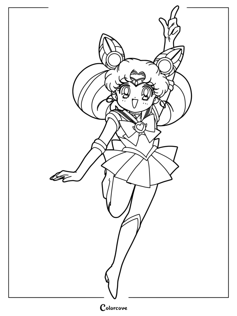 Sailor Chibi Moon haciendo una alegre pose dinámica en este dibujo para colorear e imprimir de Sailor Moon.
