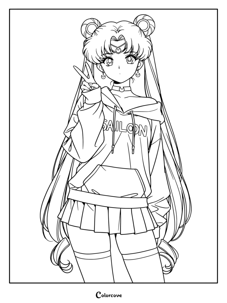Página para colorear de Sailor Moon con sudadera rosa casual y falda plisada blanca haciendo el símbolo de la paz.