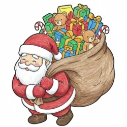 Santa Claus coloring page with presents, festive snowflakes, and colored pencils. Perfect for holiday creativity and fun.