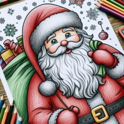 Santa Claus coloring page with presents, festive snowflakes, and colored pencils. Perfect for holiday creativity and fun.