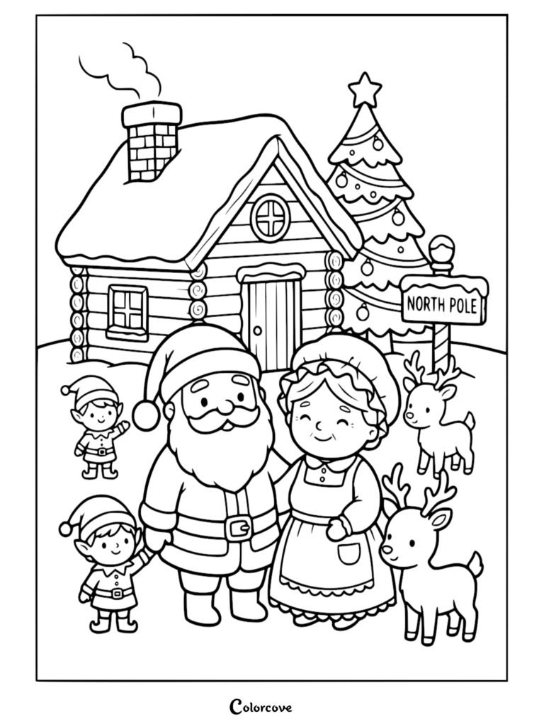 Santa and Mrs. Claus with elves and reindeer in front of a North Pole cabin coloring page