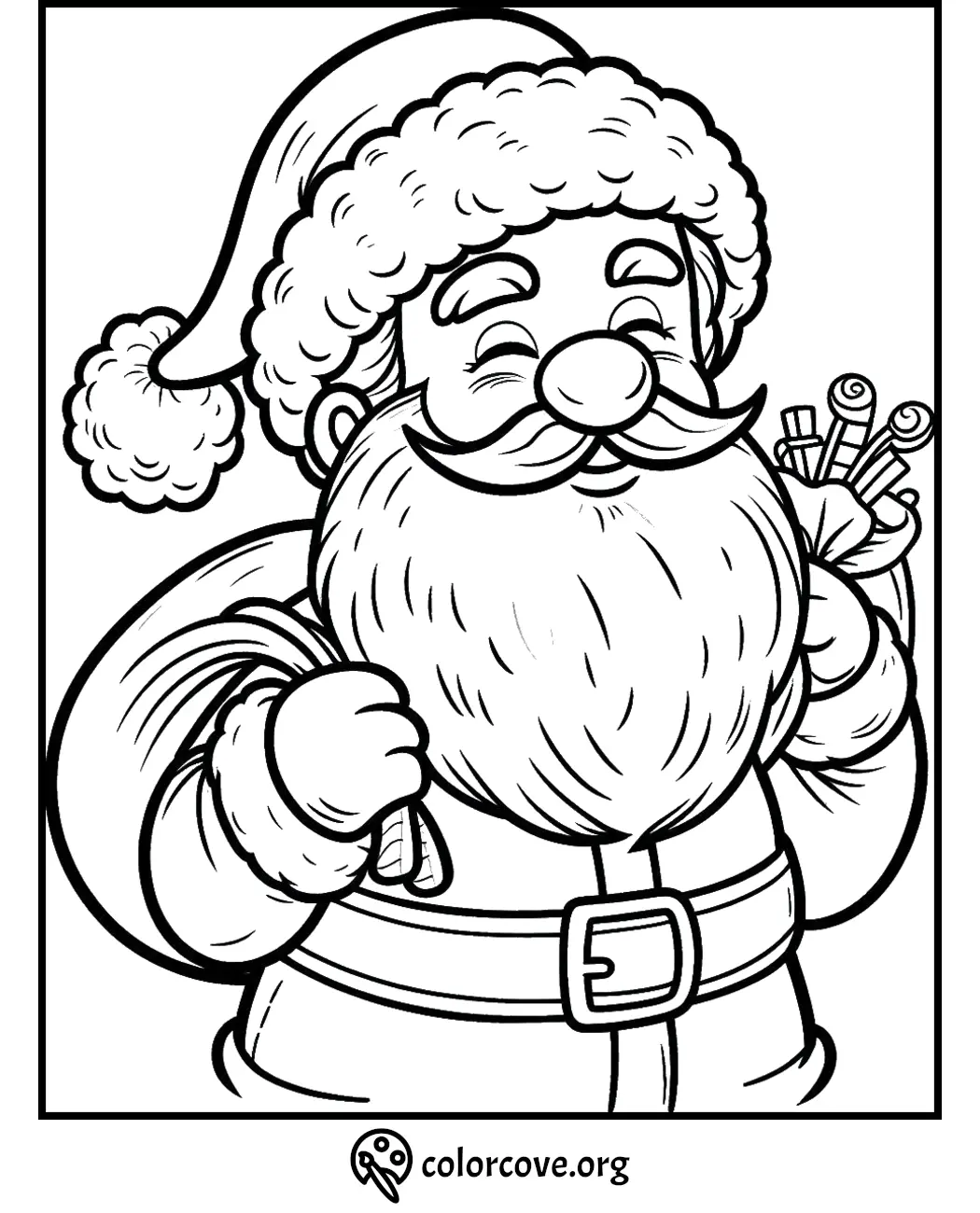 Santa Claus coloring page with bag of gifts, perfect for holiday crafts and Christmas-themed activities.