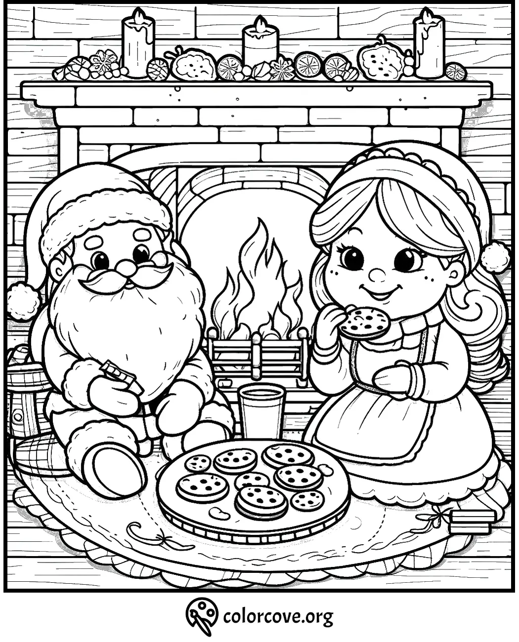 Santa and Mrs. Claus enjoying cookies by the fireplace - festive Christmas coloring page.