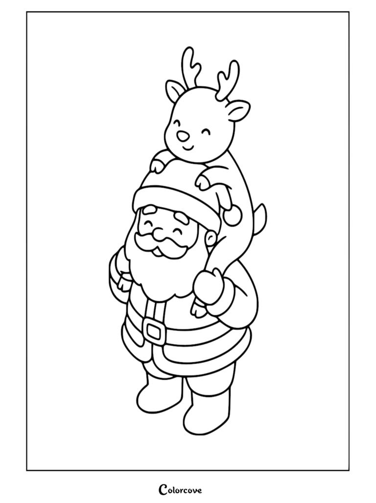 Santa carrying a cute reindeer on his shoulders in this printable coloring page.