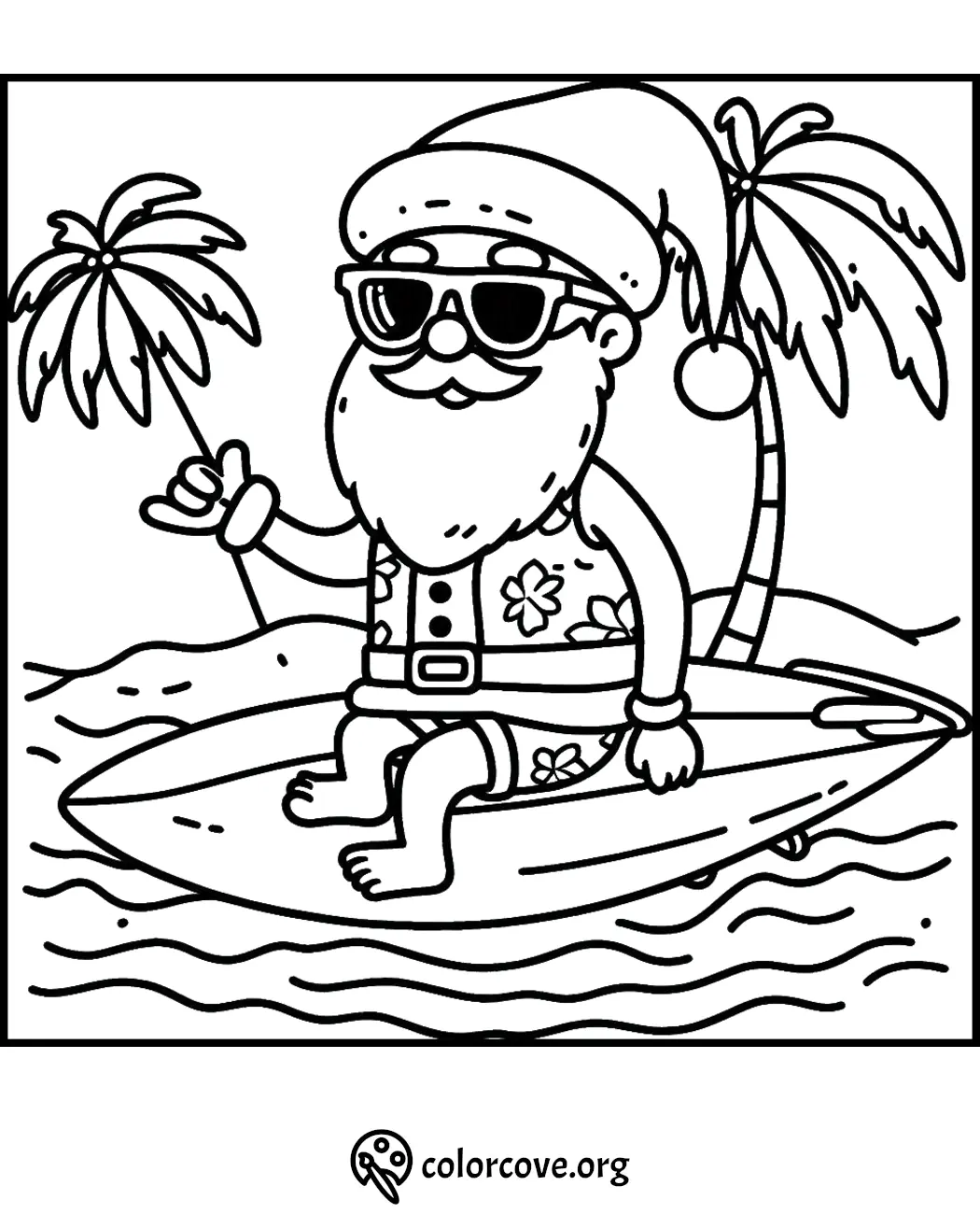 Surfing Santa coloring page with sunglasses and palm trees, perfect for holiday fun and creativity.