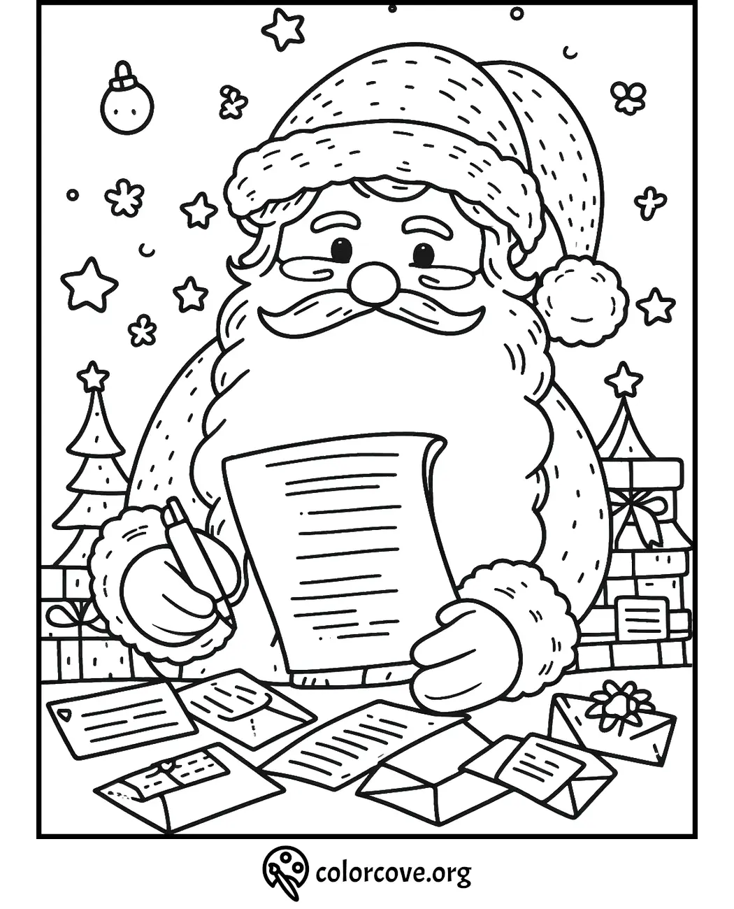 Santa coloring page with letters and gifts, perfect for Christmas creativity and holiday fun for kids.