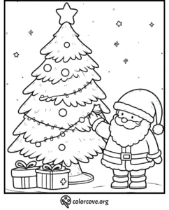 Santa decorates a Christmas tree with gifts below. Coloring page for kids.
