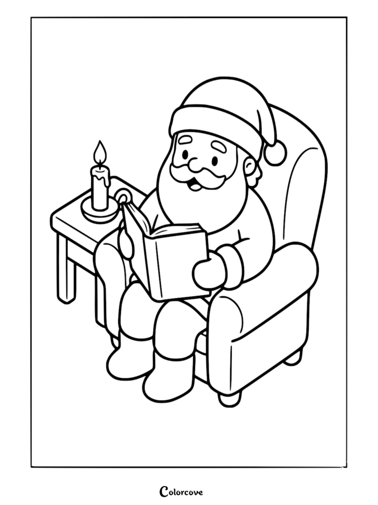 Santa Claus reading a book in an armchair next to a candle on this free printable coloring page.