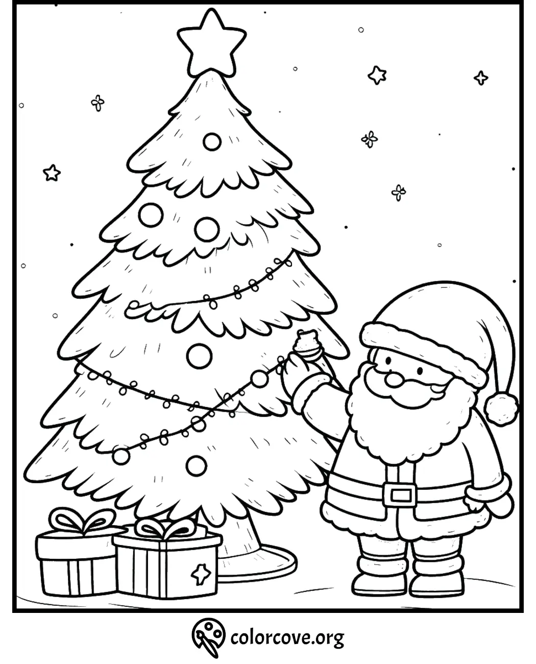 Santa decorates a Christmas tree with gifts below. Coloring page for kids.