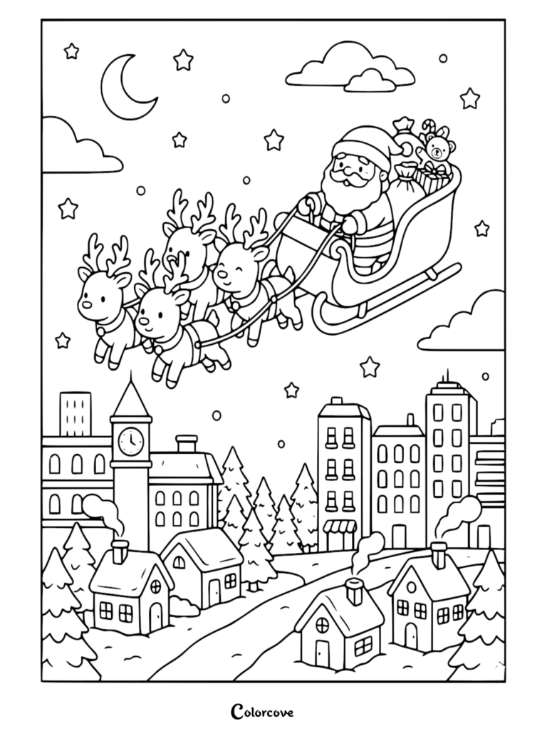 Santa Claus flying in his sleigh pulled by reindeer over a snowy town at night in this printable coloring page.