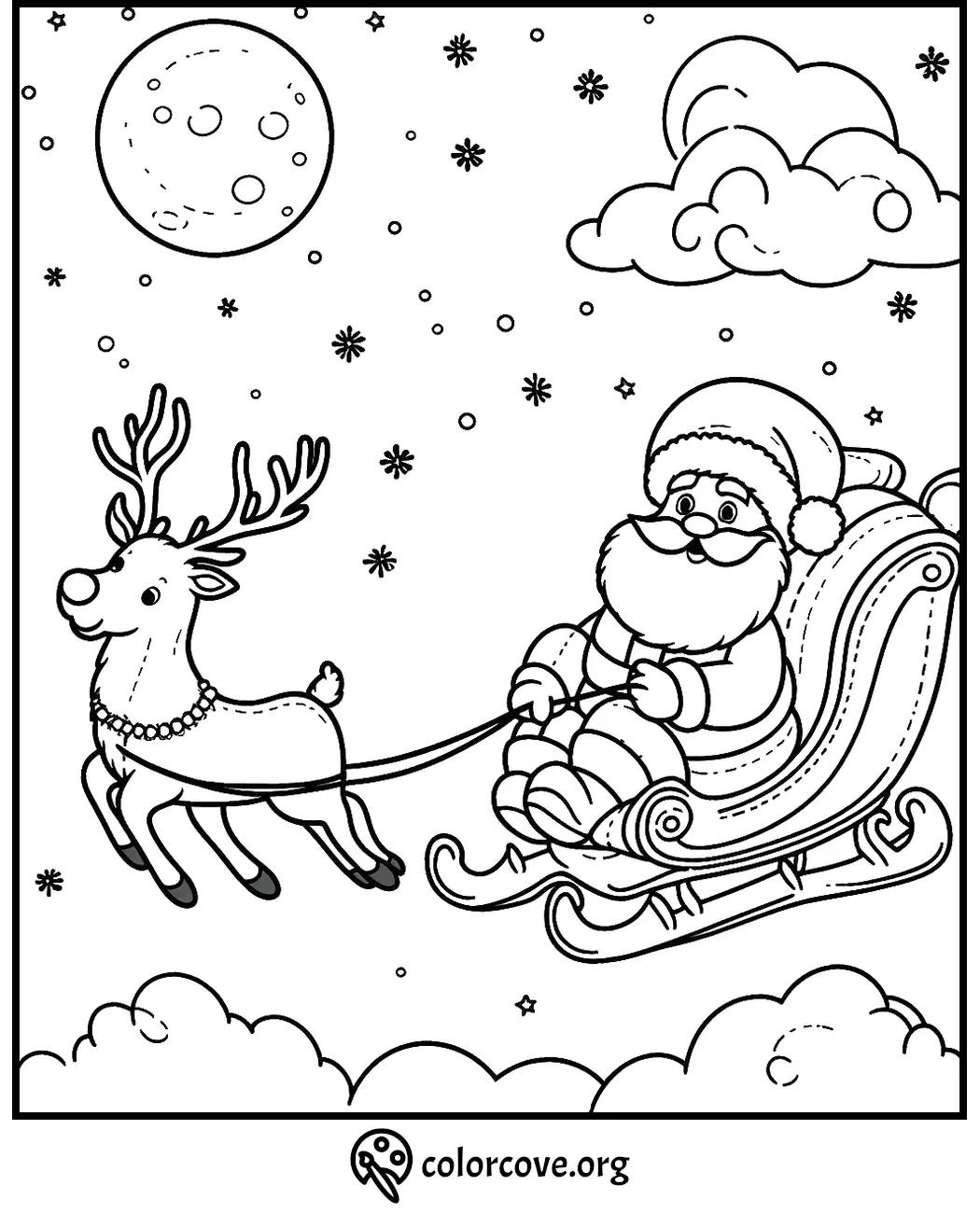 Santa riding sleigh with reindeer under a moonlit sky, snowflakes falling. Fun Christmas coloring page for kids.