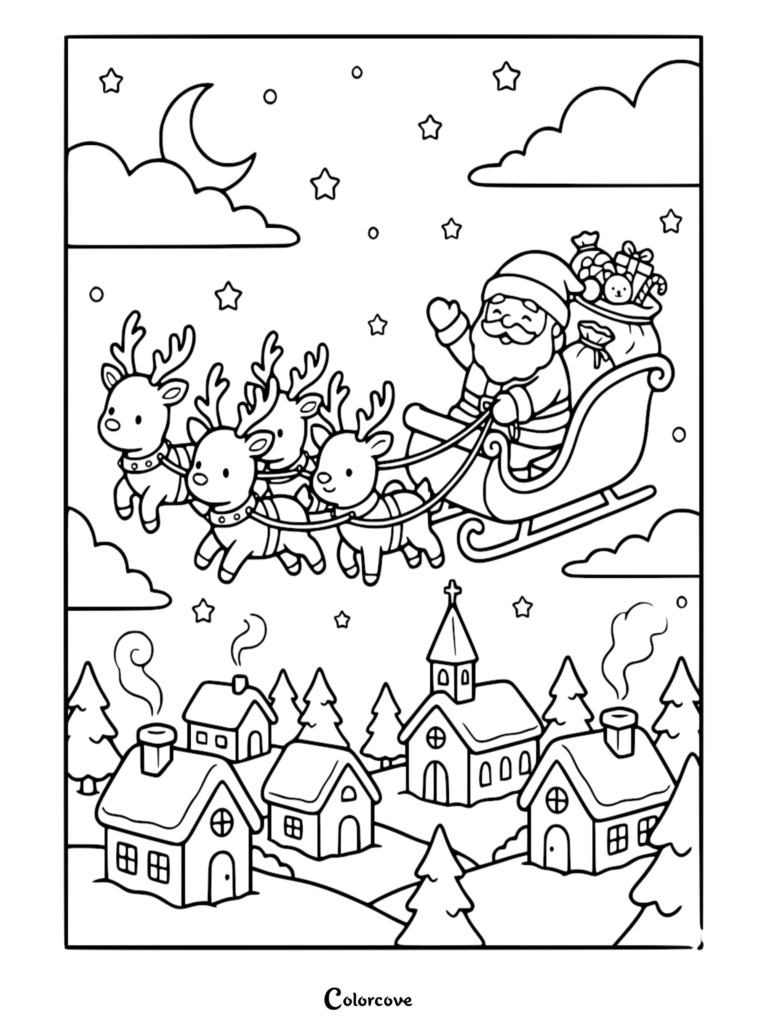Santa Claus flying in his sleigh pulled by reindeer over a snowy village in this free printable coloring page.