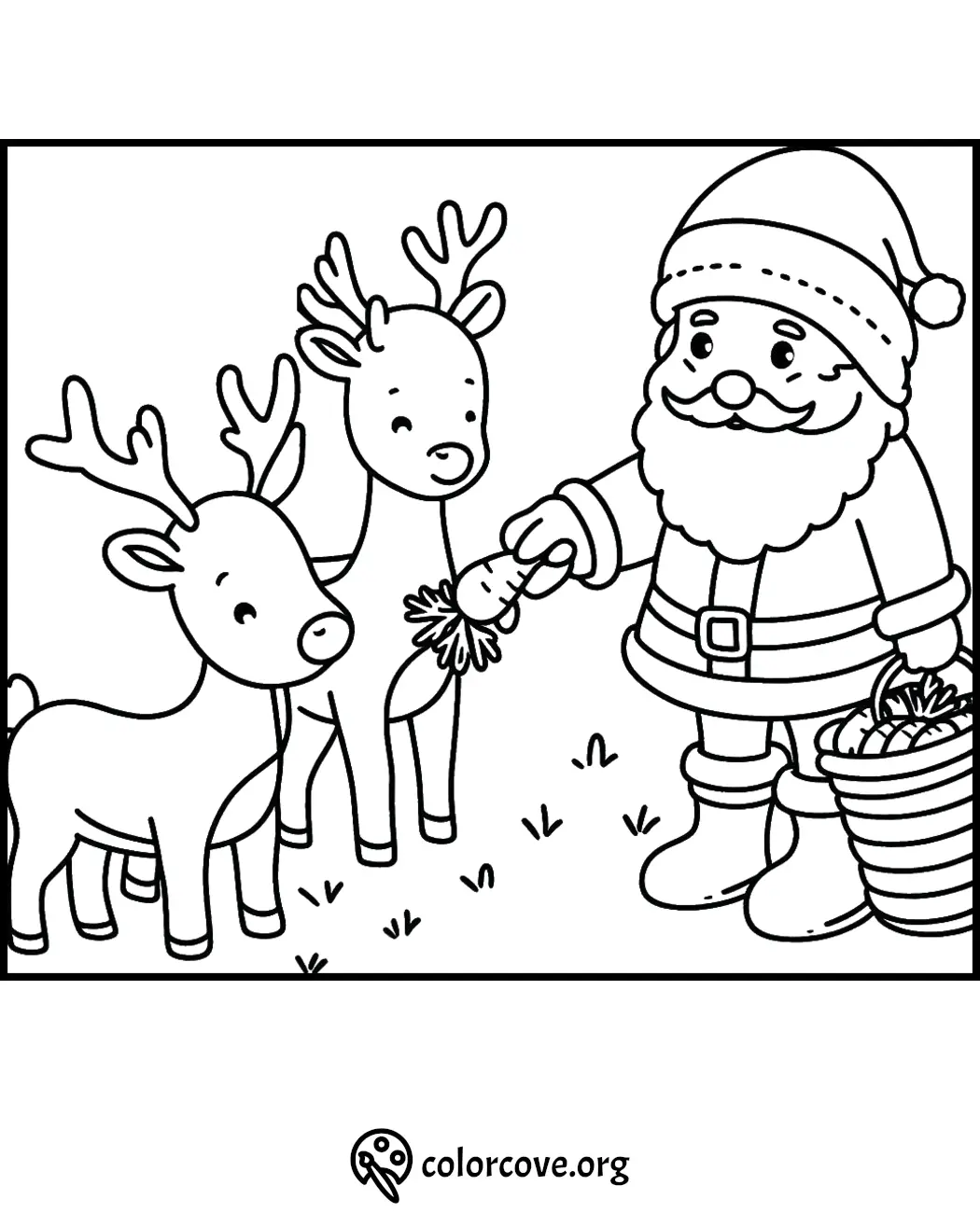 Santa feeding reindeer with carrots, festive holiday coloring page for kids.