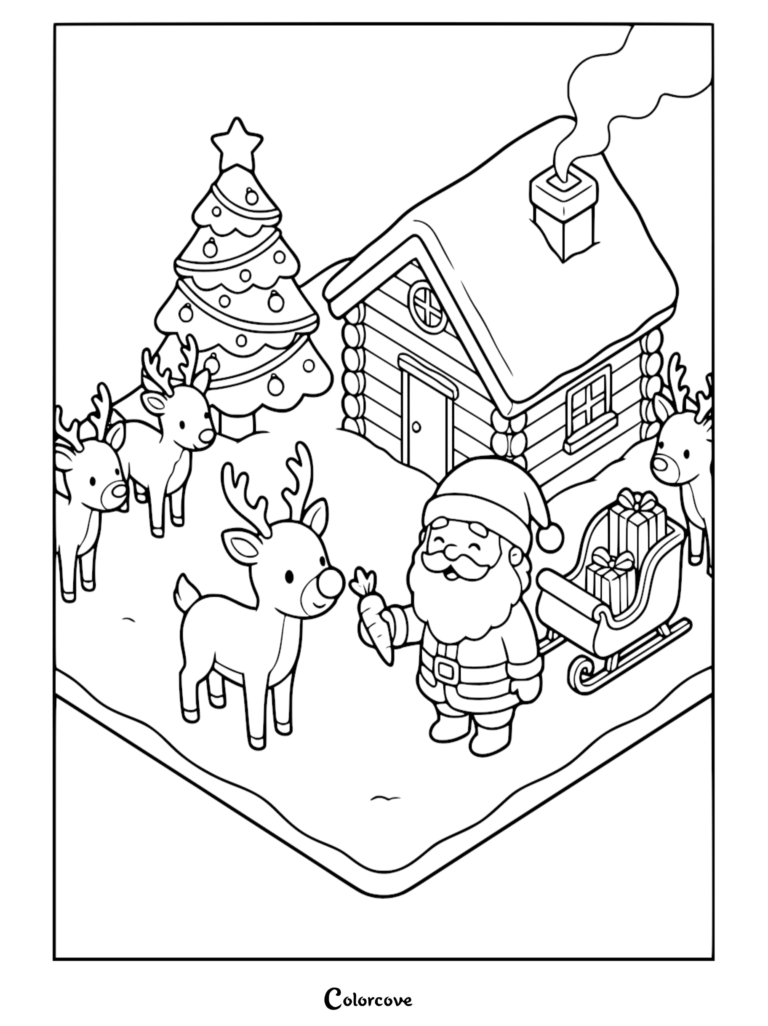 Santa Claus feeding a carrot to a reindeer outside a snowy log cabin in this free printable coloring page.