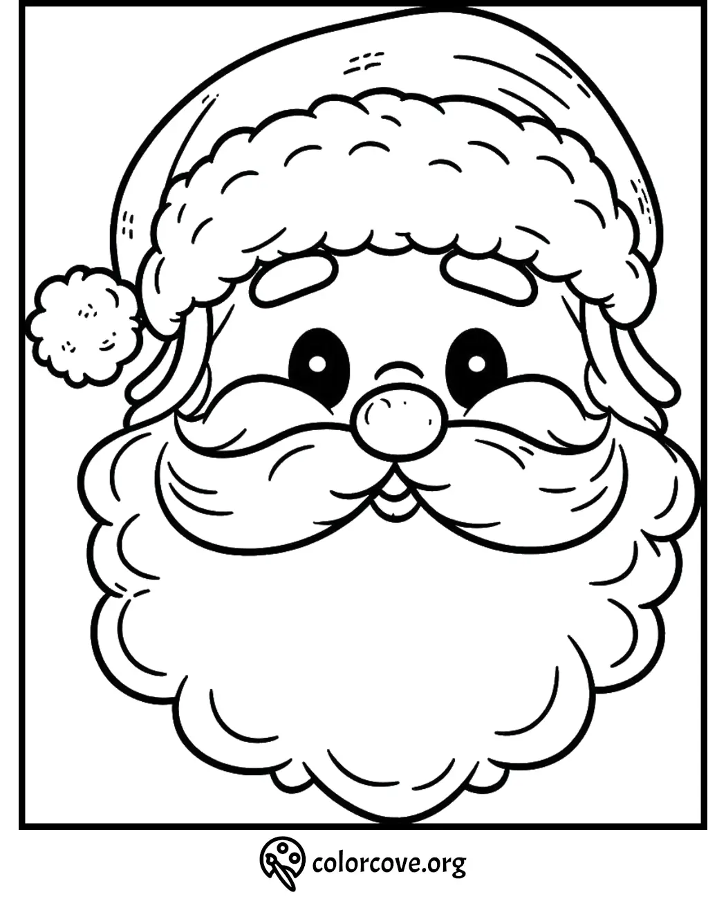 Santa Claus coloring page with cheerful face and fluffy beard, perfect for holiday fun and creativity.