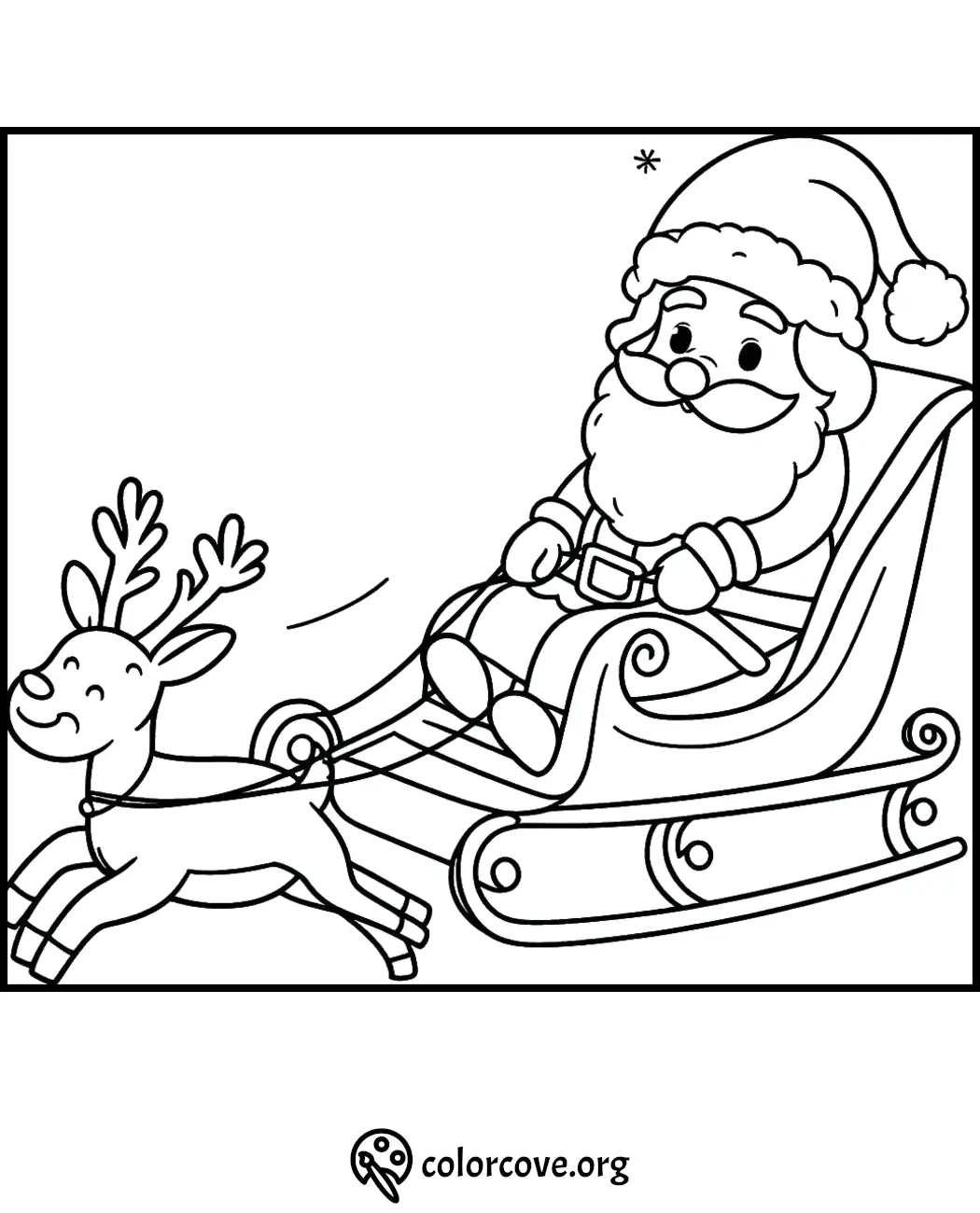 Santa on a sleigh with a reindeer, Christmas coloring page. Perfect for festive coloring fun.