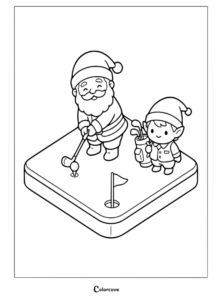 Santa Claus putting a golf ball while a Christmas elf watches with a golf bag on this free printable coloring page.