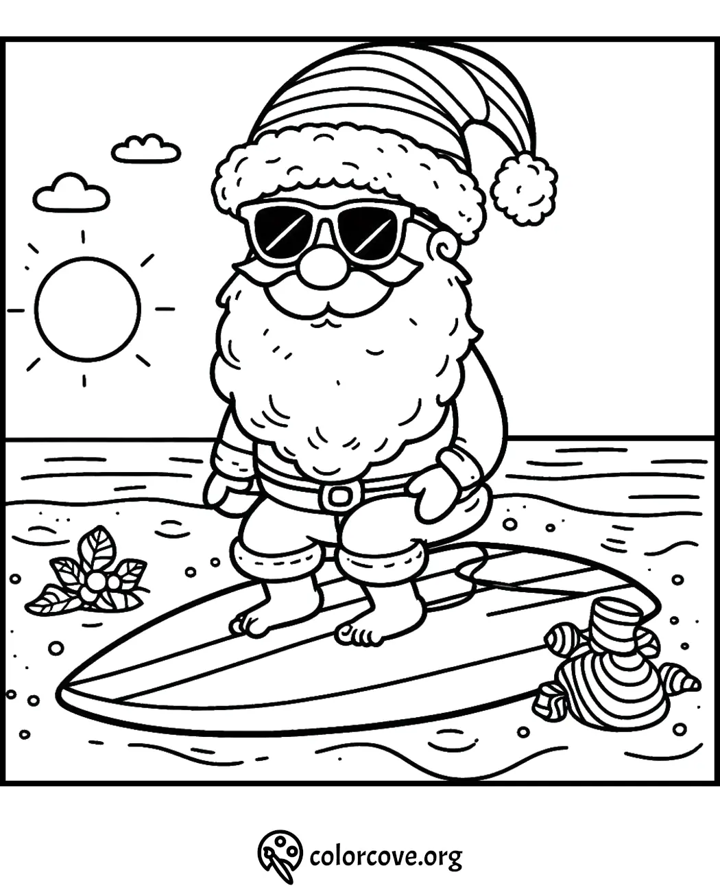 Santa surfing coloring page: holiday fun on a beach with sunglasses, surfboard, and ocean waves. Perfect for festive creativity.