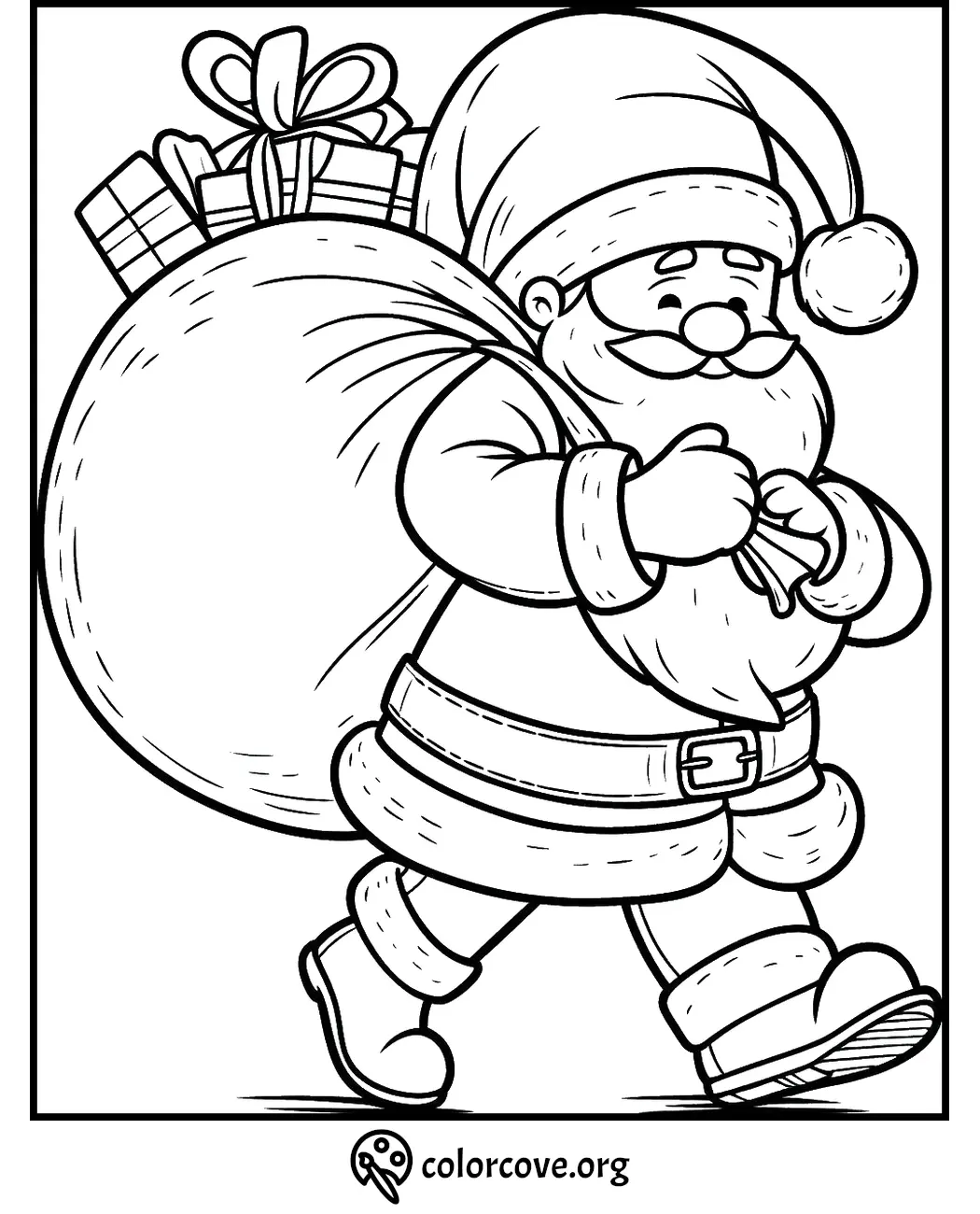 Santa Claus carrying gifts in a sack coloring page for Christmas. Fun holiday activity for kids.