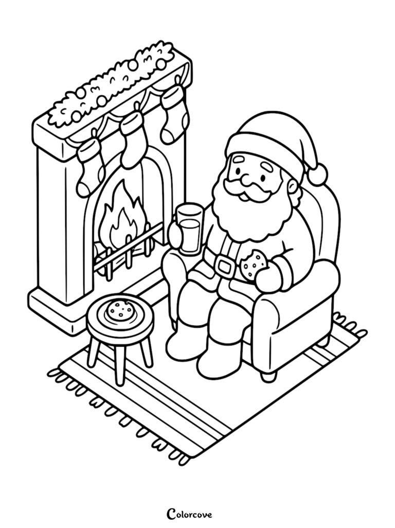 Santa Claus sitting in an armchair by a fireplace eating cookies and drinking milk, a festive coloring page.