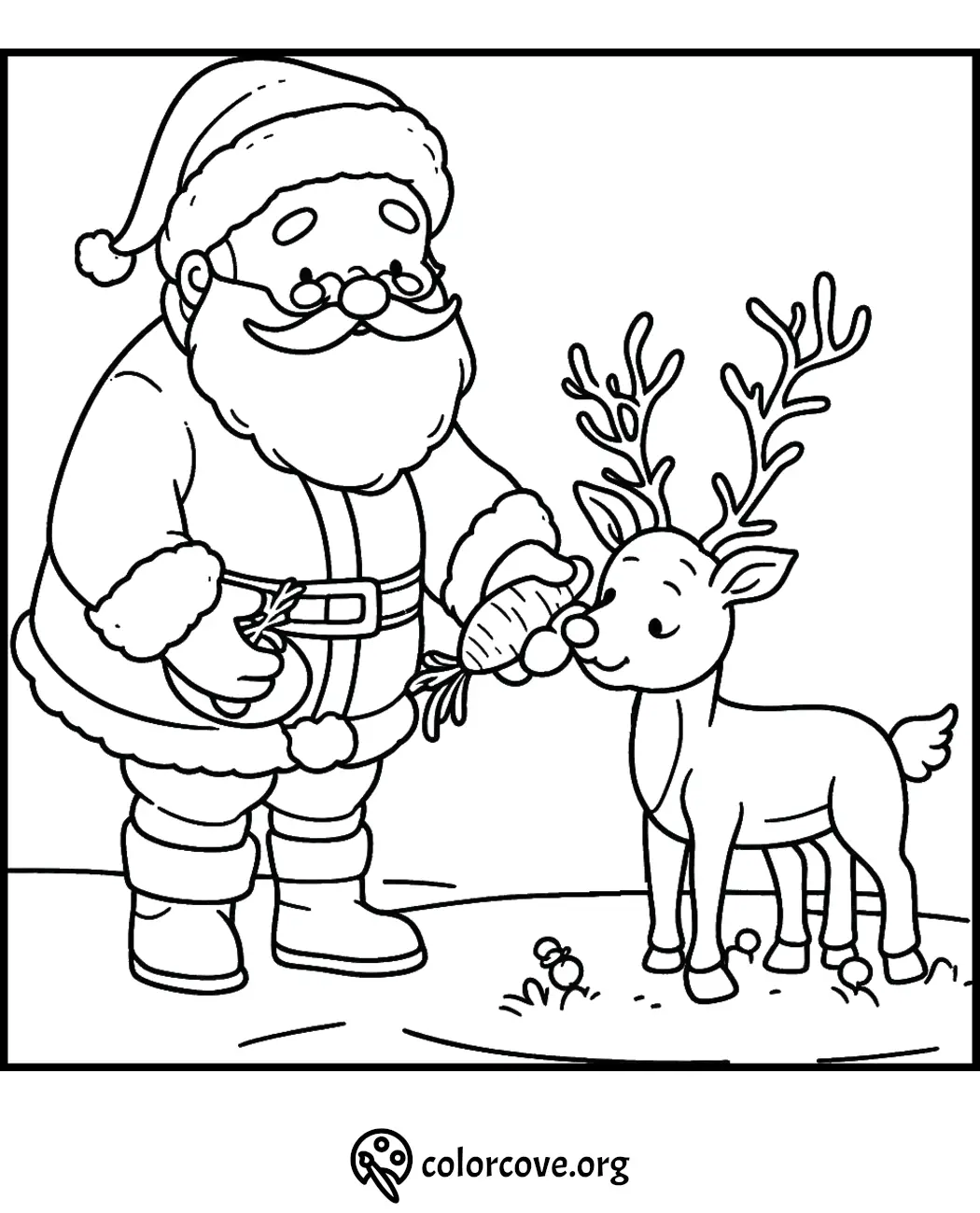 Santa feeding a reindeer a carrot, festive coloring page for kids, Christmas scene, printable activity.