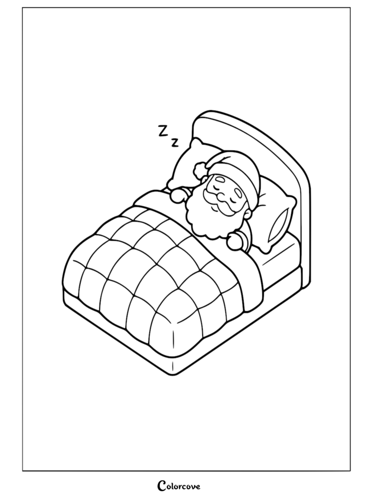 Santa Claus sleeping peacefully in a bed with a quilted blanket, featured in a free printable coloring page.