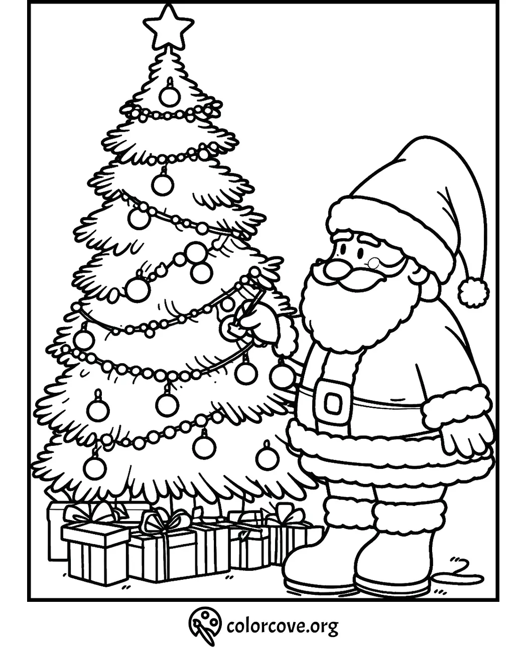 Santa decorating a Christmas tree with ornaments and presents below. Festive coloring page for holiday fun.