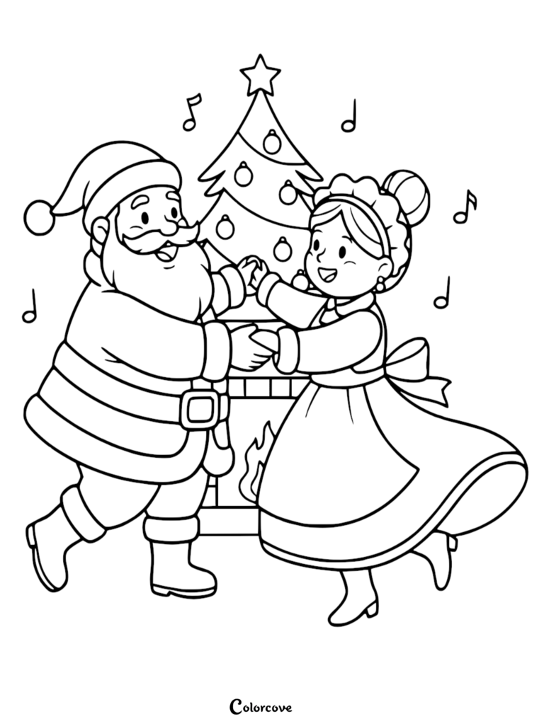 Santa and Mrs. Claus dancing together near a decorated Christmas tree in this printable coloring page.