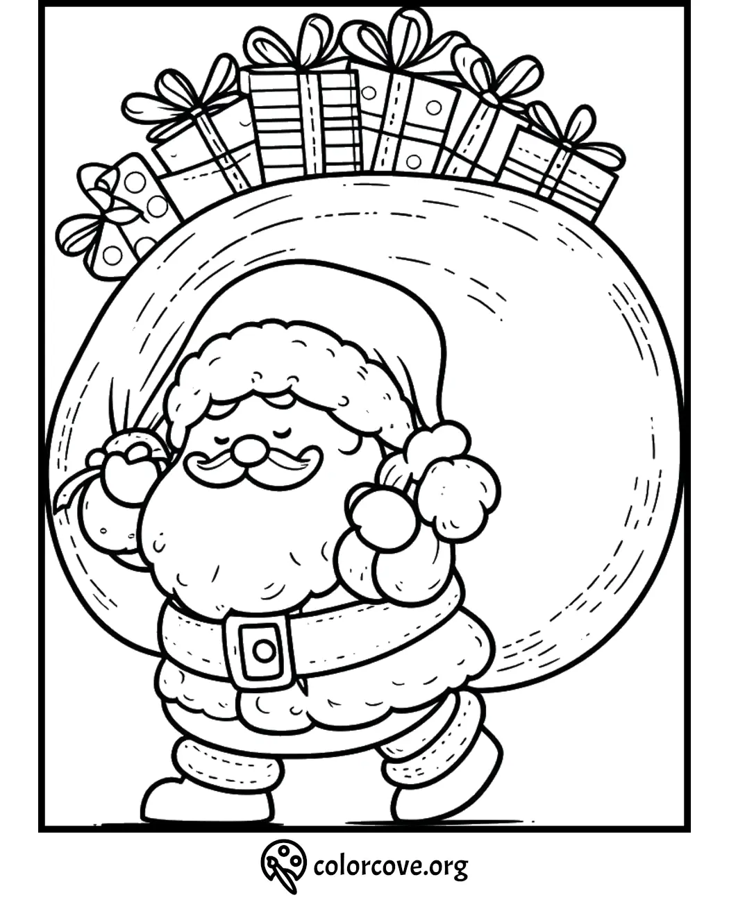 Santa Claus coloring page: Santa carrying a sack full of gifts, ready for Christmas delivery.