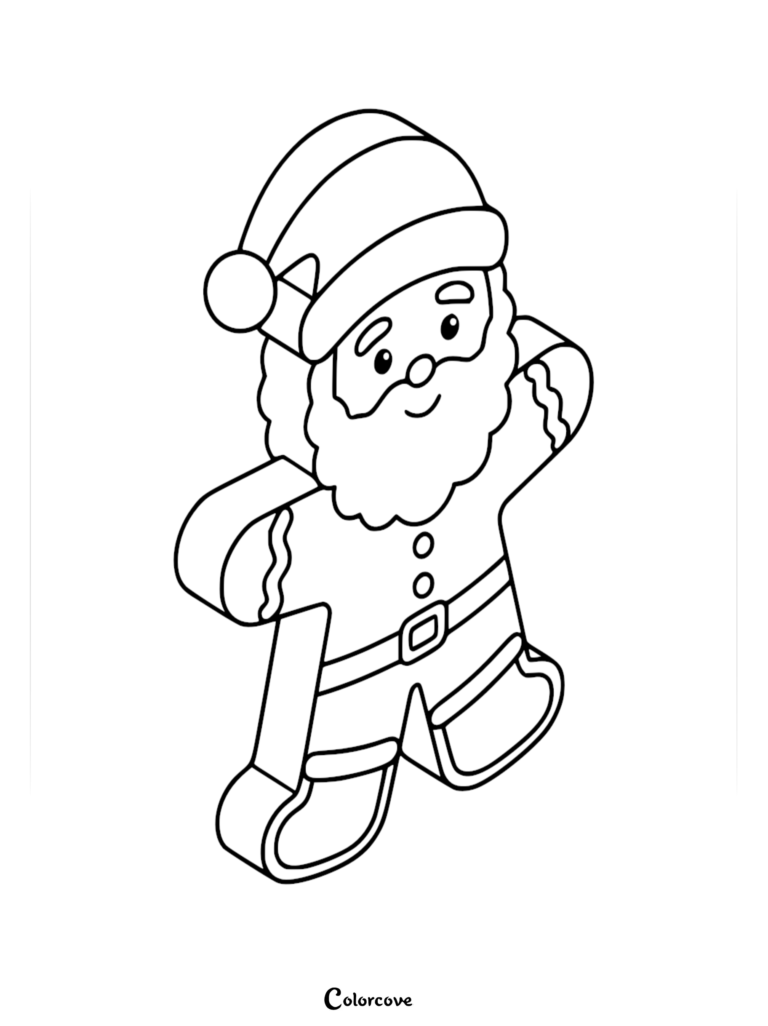 A Santa Claus shaped gingerbread cookie coloring page with a festive hat and belt.