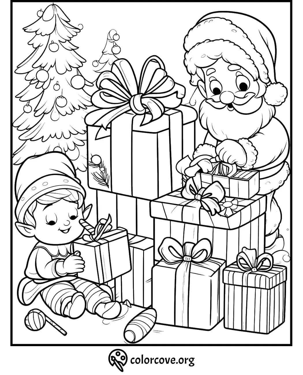 Santa and elf with gifts coloring page for Christmas fun and creativity. Perfect holiday activity for kids.