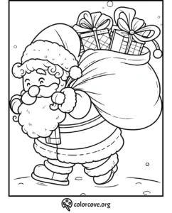 Santa Claus with gift sack coloring page for Christmas fun and creativity.