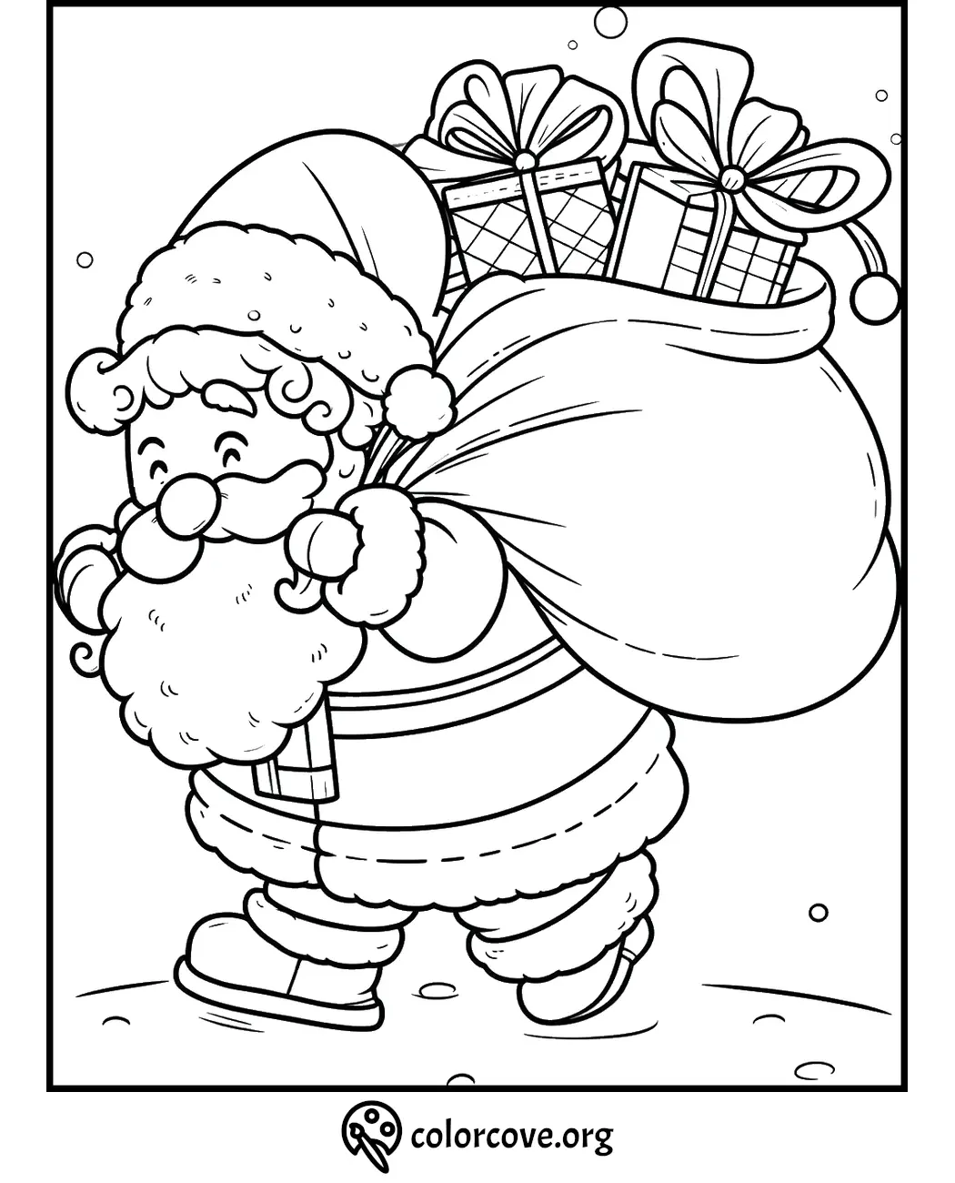 Santa Claus with gift sack coloring page for Christmas fun and creativity.